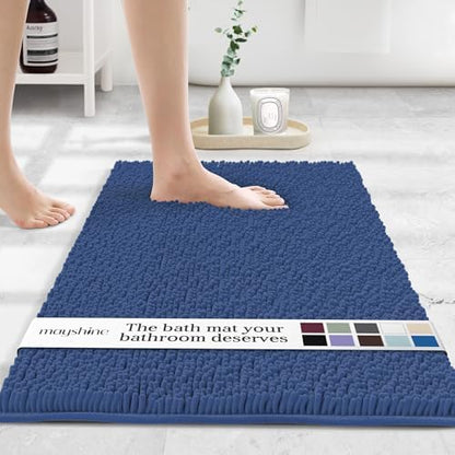 MAYSHINE SmallPlush Shaggy Chenille Bath Mat 24"x17" Extra Soft, Super Absorbent, Non-Slip Bathroom Rug | Fluffy Microfiber, Area Rug Sets for Bathroom Floor, Kitchen, Living Room | Dark Blue
