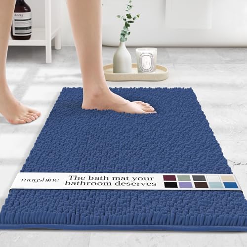 MAYSHINE Standard Plush Shaggy Chenille Bath Mat 32"x20" Extra Soft, Super Absorbent, Non-Slip Bathroom Rug | Fluffy Microfiber, Area Rug Sets for Bathroom Floor, Kitchen, Living Room | Dark Blue