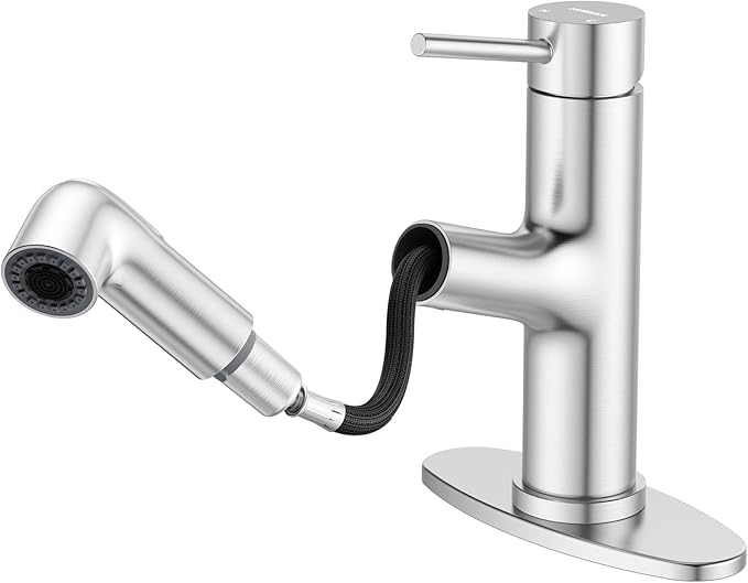 HURRAN Pull Out Bathroom Faucet, Single Handle Basin Mixer Tap with 2 Modes, Utility Sink Faucet with Deck Plate, Stainless Steel, Brushed Nickel