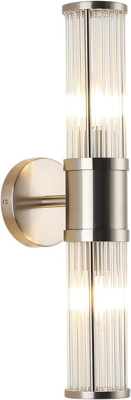 Brushed Nickel Wall Sconce with Glass Rods - Modern Industrial Vanity Light Fixture, E12 Candelabra Base for Bathroom, Bedroom & Hallway (Bulbs Not Included)