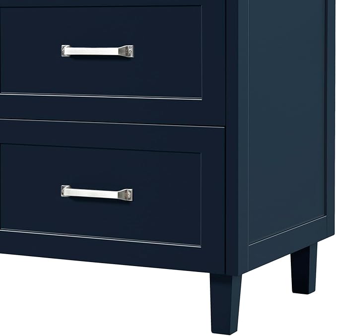 ARIEL Monroe 66-inch Bathroom Vanity with Sink,Solid Wood, 1.5-inch Carrara White Quartz Countertop & Backsplash, Double Oval Porcelain Sink, 9 Dovetail Drawers, Brushed Nickel, Midnight Blue