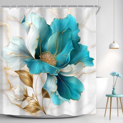 Riyidecor Teal Gold Marble Floral Shower Curtain for Bathroom Decor 60Wx72H Modern Turquoise Ombre Flower Abstract Luxury Minimalist Art Printed Fabric Polyester Waterproof 12 Pack Plastic Hooks