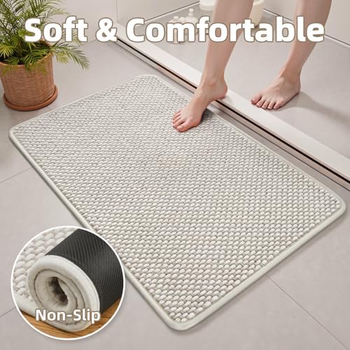 PADOOR-Bath Mat Runner-Super Absorbent Chenille Bathroom Mats-Rubber Backed Bath Mats for Bathroom Non Slip, Easy Clean Bathroom Runner Rugs Front of Bathtub,Shower Room,Sink-17×59, Beige&Cream