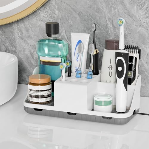 Boperzi Electric Toothbrush Holders with Cord Slots: Detachable Toothbrush and Toothpaste Holders, Large Tooth Brush Storage Caddy Set Drainage, Anti-Slip Bathroom Counter Organizer for Family, Kids