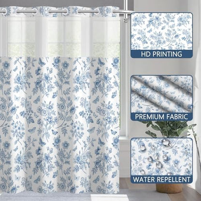 No Hook Shower Curtain with Snap in Liner 71x74 Inch