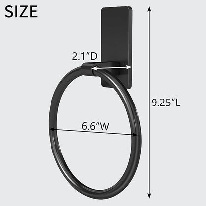 STWWO Hand Towel Holder for Bathroom, Adhesive Round Towel Ring, Black | for Bath RV Kitchen, Self Adhesive No Drill Hole, Easy to Install