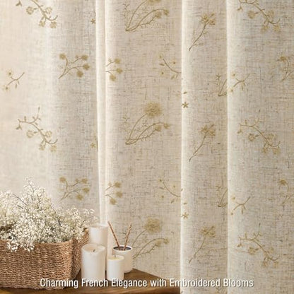 Beige Floral Vintage Linen Shower Curtain Embroidered Textured 72Wx72H