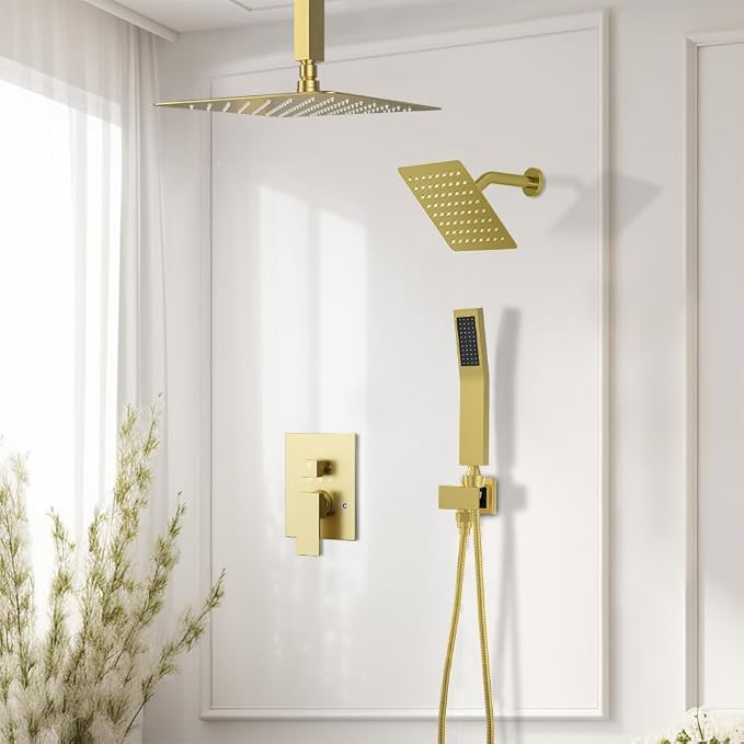 Shower System Shower Faucet Set, STARBATH 12"+6" Ceiling Mount Rain Shower Head and Handheld Spray for Two Person, Rainfall Shower System with Diverter Valve and Trim Kit Complete,Brushed Gold