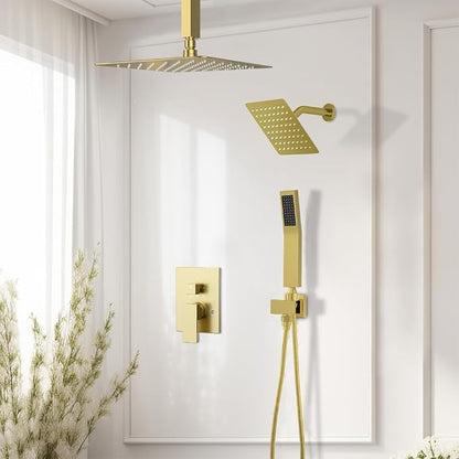 Shower System Shower Faucet Set, STARBATH 12"+6" Ceiling Mount Rain Shower Head and Handheld Spray for Two Person, Rainfall Shower System with Diverter Valve and Trim Kit Complete,Brushed Gold