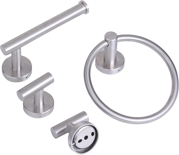 4 Piece Brushed Nickel Bathroom Hardware Set, Modern Towel Ring and Toilet Paper Holder Set,Wall Mounted, Durable SUS304 Stainless Steel Bathroom Accessories Set