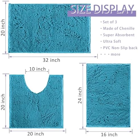 Bathroom Rugs Bath Mats for Batroom Chenillen Bath Rug Set 3 Piece Non-Slip Bath Mats, Absorbent Shaggy Rugs, Machine Wash, Perfect Plush Bathroom Mats, Bathroom Carpets Set Teal Blue