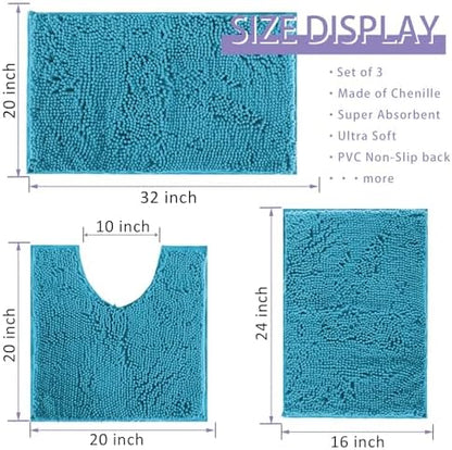 Bathroom Rugs Bath Mats for Batroom Chenillen Bath Rug Set 3 Piece Non-Slip Bath Mats, Absorbent Shaggy Rugs, Machine Wash, Perfect Plush Bathroom Mats, Bathroom Carpets Set Teal Blue
