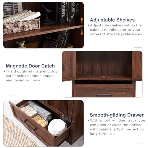 JXQTLINGMU Farmhouse Kitchen Pantry Cabinet - 72" Tall Wood Kitchen Storage Cabinets with Adjustable Shelves & 2 Barn Doors & Drawer, Versatile Storage for Dining Room, Bathroom, Rustic Brown