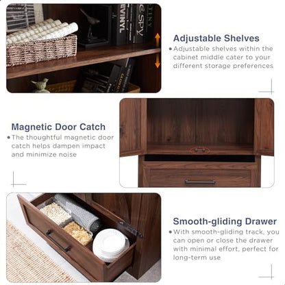 JXQTLINGMU Farmhouse Kitchen Pantry Cabinet - 72" Tall Wood Kitchen Storage Cabinets with Adjustable Shelves & 2 Barn Doors & Drawer, Versatile Storage for Dining Room, Bathroom, Rustic Brown
