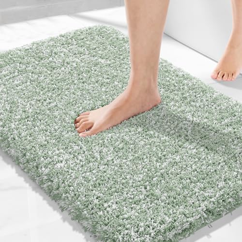 Yimobra Light Green and White Bath Rugs for Bathroom 32X20, Ultra Soft and Water Absorbent Bath Mats, Non Slip Plush Shower Rugs, Microfiber Thick Matts for Bathroom Floor/Tub, Machine Washable