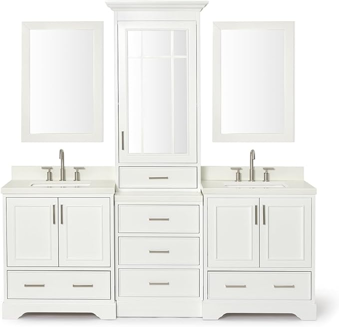 ARIEL Stafford 84-inch Bathroom Vanity with Sink,Solid Wood, 1.5-inch Pure White Quartz Countertop & Backsplash, Double Rectangular Porcelain Sink, 5 Soft Closing Doors, 6 Dovetail Drawers, White