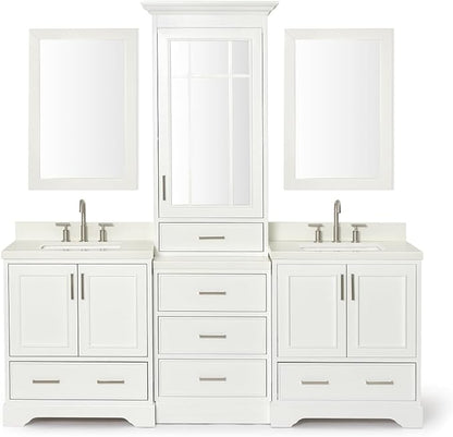 ARIEL Stafford 84-inch Bathroom Vanity with Sink,Solid Wood, 1.5-inch Pure White Quartz Countertop & Backsplash, Double Rectangular Porcelain Sink, 5 Soft Closing Doors, 6 Dovetail Drawers, White