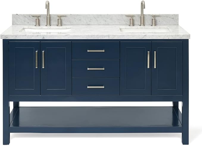 ARIEL Magnolia 60-inch Bathroom Vanity with Sink,Solid Wood, 1.5-inch Italian Carrara Marble Countertop, Double Rectangular Porcelain Sink, 4 Soft Closing Doors, 3 Dovetail Drawers, Midnight Blue