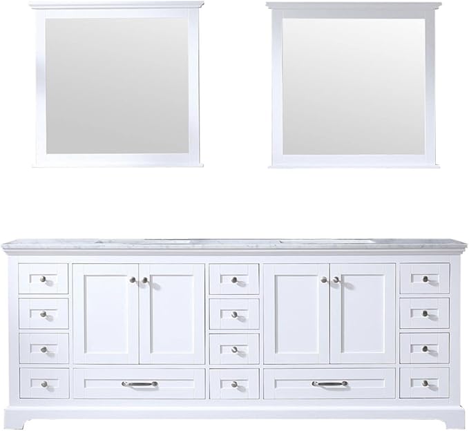 Dukes 84 in. W x 22 in. D White Double Bath Vanity, Carrara Marble Top, and 34 in. Mirrors LD342284DADSM34