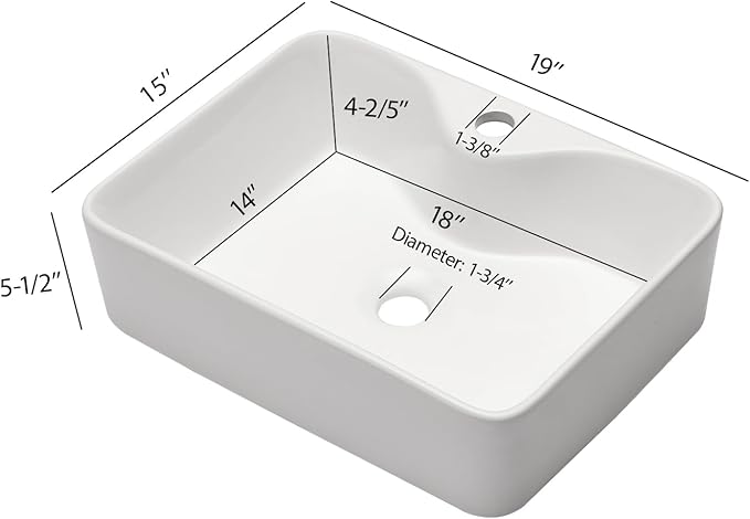 Bathroom Vessel Sink 19" x 15" Rectangle With Gold Faucet And Gold Drain Combo Bowl Sink Bathroom Countertop Rectangular White Farmhouse Lavatory Vanity Sink Basin