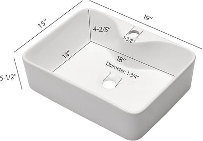 Bathroom Vessel Sink 19" x 15" Rectangle With Gold Faucet And Gold Drain Combo Bowl Sink Bathroom Countertop Rectangular White Farmhouse Lavatory Vanity Sink Basin