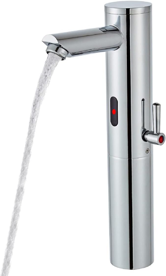 Automatic Touchless Bathroom Sink Faucet Tall Body Motion Activated Sensor Hands Free Commercial Brass Faucets Adjustable Cold Hot 1 Hole Single Handle Basin Vessel Auto Water Mixer（Chrome）