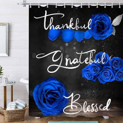 Onalasyc 4Pcs Blue Rose Floral Shower Curtain with Rugs Set