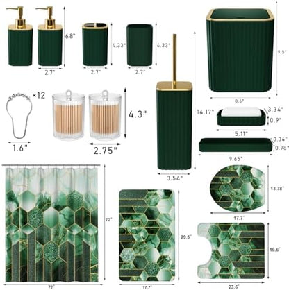 XLHOMO Bathroom Set - 26PC Bathroom Set with Shower Curtain and Rugs, Bathroom Accessory Set, Dark Green Bathroom Accessories Set, Trash Can & Soap Dispenser