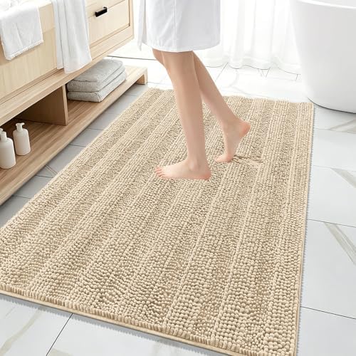 OLANLY Thick Large Bathroom Rugs 59x35, Soft Chenille Bath Rugs, Beige