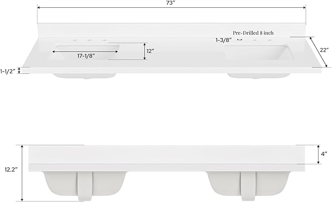 ARIEL 73 inch Double Bathroom Vanity top with Sink, 1.5 Inch Thick Miter Edge White Quartz top, Rectangle Double Sink Vanity top, Includes Backsplash