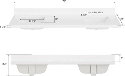 ARIEL 73 inch Double Bathroom Vanity top with Sink, 1.5 Inch Thick Miter Edge White Quartz top, Rectangle Double Sink Vanity top, Includes Backsplash