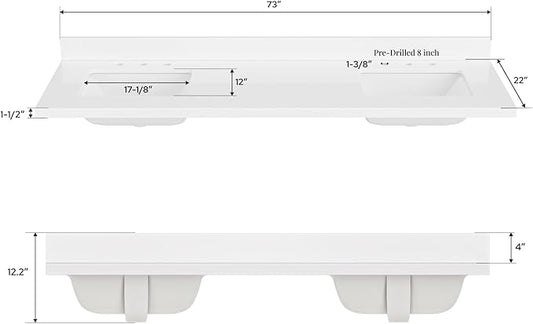 ARIEL 73 inch Double Bathroom Vanity top with Sink, 1.5 Inch Thick Miter Edge White Quartz top, Rectangle Double Sink Vanity top, Includes Backsplash