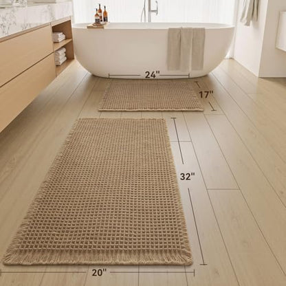 Upgraded Waffle Bath Mat Set of 2 Absorbent Bathroom Mat 17"x24" + 20"x32"