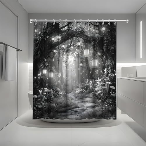 Fantasy Forest Path Shower Curtain Grey Fairy Magical Enchanted Misty Jungle Mushroom Floral Tree Butterfly Lantern Wonderland Bath Curtain Fabric Bathroom Accessories Decor with Hooks 60W x70L