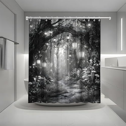Fantasy Forest Path Shower Curtain Grey Fairy Magical Enchanted Misty Jungle Mushroom Floral Tree Butterfly Lantern Wonderland Bath Curtain Fabric Bathroom Accessories Decor with Hooks 60W x70L