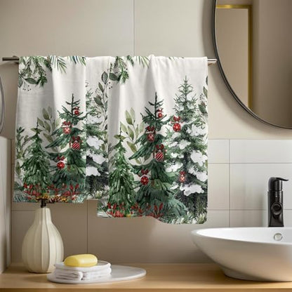 Christmas Tree Hand Towels Set of 2, 14x28 in Winter Forest Pine Cones Picks Bells Absorbent Quick Drying Kitchen Tea Towel Washcloths for Bathroom Hotel Holiday Seasonal Decor