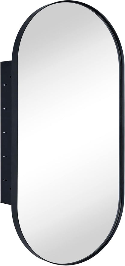 Matte Black Oval Recessed Bathroom Medicine Cabinet with Mirror Stainless Steel Metal Framed Oblong Pill Shaped Bathroom Cabinet with Mirror 16x33''