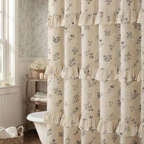 Black Floral Farmhouse French Country Ruffle Linen Shower Curtain 72Wx72H