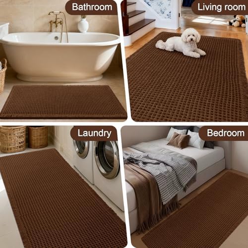 Extra Large Waffle Bath Mat, Boho Woven Modern Bath Rug Absorbent Non Slip, Ultra Soft Bathroom Mats, Machine Washable Knit Bath Rugs with Tassels for Bathroom, Bedroom, Kitchen, Tub, 5'x2', Brown