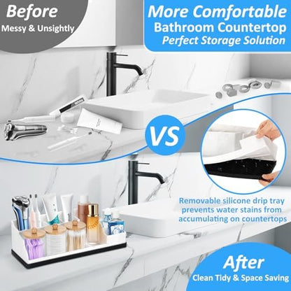 Bathroom Organizer Countertop, White Silicone Toothbrush Holders for Bathrooms with 3PCS Qtip Holder Dispenser, Toothbrush and Toothpaste Holder for Bathroom Counter Organization Storage Vanity