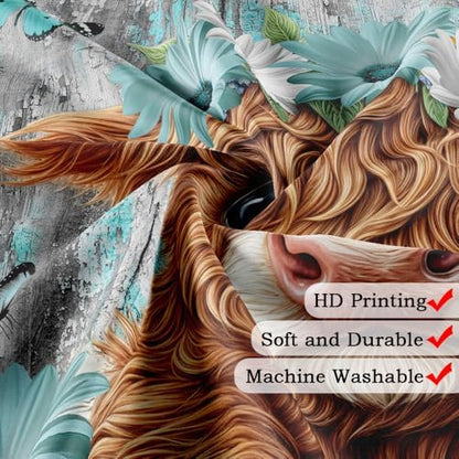 Funny Highland Cow Shower Curtain for Bathroom Decor, Teal Farm Teal Daisy Floral Flowers and Butterfly on Country Wooden Farmhouse Bath Curtain Country Animal Flower Waterproof 12 Hooks 60x72in