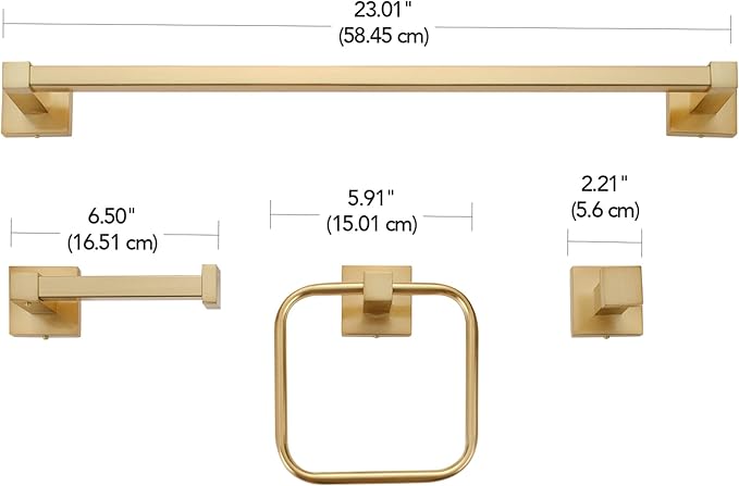 Globe Electric 65562 Dakota 4-Piece Bathroom Hardware Accessory Kit, Matte Brass, Towel Bar, Towel Ring, Robe Hook, Toilet Paper Holder