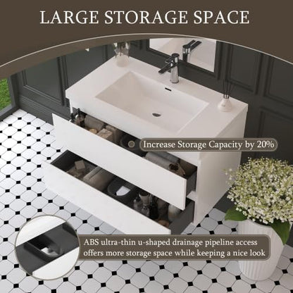 KEIKI 36'' Wall-Mounted Bathroom Vanity with Sink - Floating Design, 2 Soft-Close Drawers & Resin Basin, Space-Saving for Small Bathrooms, Glossy White