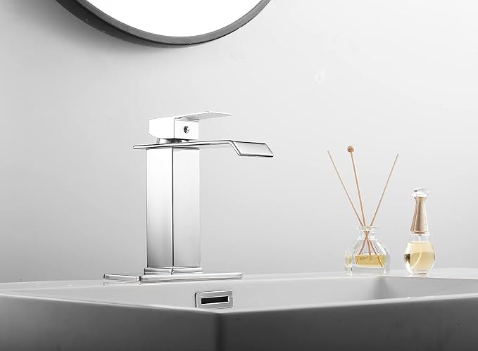 Bathroom Faucet Chrome Waterfall with Pop Up Drain for Sink 1 Hole | Bathroom Sink Faucet Bath Lavatory Vanity Stopper Overflow and Supply Hose Single Handle Square Modern Commercial