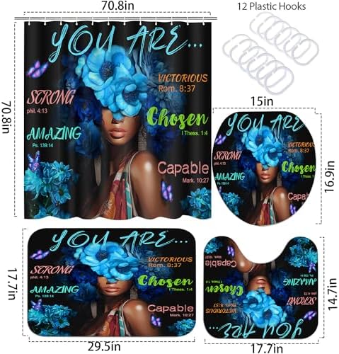 Black African Flower Woman Shower Curtain Set, Blue Art Words Bathroom Set with Shower Curtain and Rugs, Toilet Lid Cover, Bath Mat,Waterproof Fabric Shower Curtains and Hooks for Bathroom