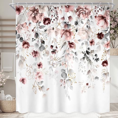 Extra Long Floral Grey Pink Leaves Bathroom Shower Curtain Set