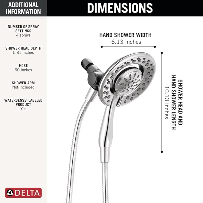 Delta 4-Setting In2ition 2-in-1 Dual Shower Head with HandHeld Spray, Chrome Detachable Shower Head with Hose, Showerhead, 1.75 GPM Flow Rate, Chrome 75486C