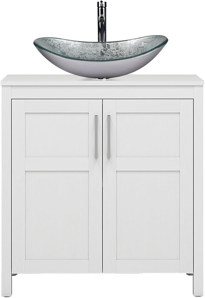 YOURLITE 30" Bathroom Vanity with Sink, White Bathroom Vanity and Sink Combo with Faucet & Pop Up Drain Set,Traditional Vanity with Blue Glass Boat Bathroom Sink