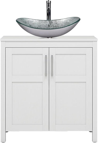 YOURLITE 30" Bathroom Vanity with Sink, White Bathroom Vanity and Sink Combo with Faucet & Pop Up Drain Set,Traditional Vanity with Blue Glass Boat Bathroom Sink