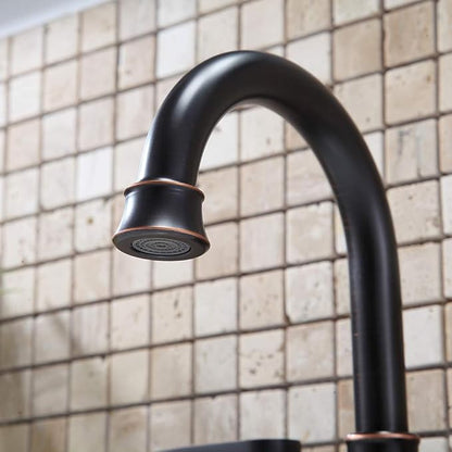 Lead-Free 2-Handle Oil Rubbed Bronze Bathroom Sink Faucet, 360° Swivel High-Arc Spout 4 Inch Centerset Bath Lavatory Vanity Faucets Set for Bathroom Sinks with Drain & Water Hoses, VABM80008H